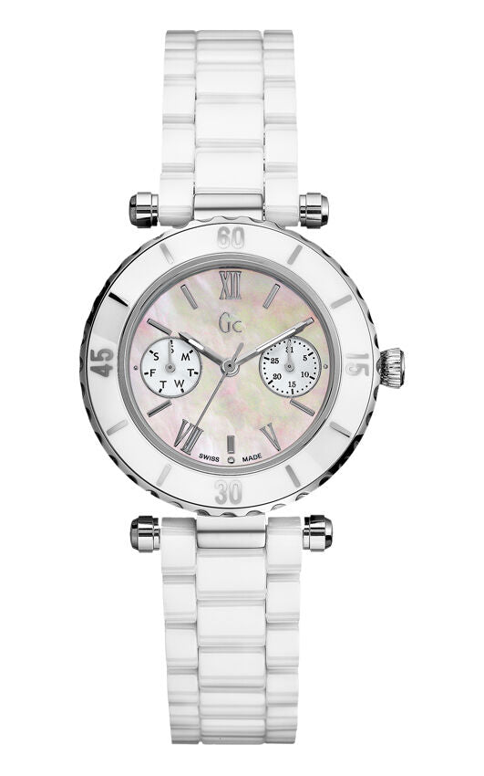 GUESS Gc 35003L1 Diver Chic Damenuhr - weißes Edelstahlgehäuse & Keramikband
