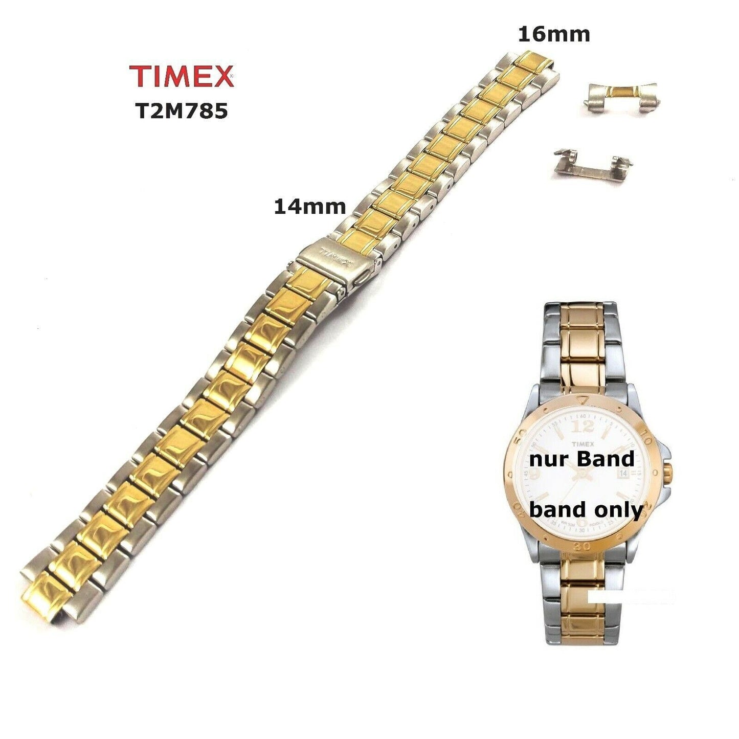 Timex Ersatzarmband T2M785 Sport Chic Damen - Ersatzband 16mm Edelstahl gold/sil