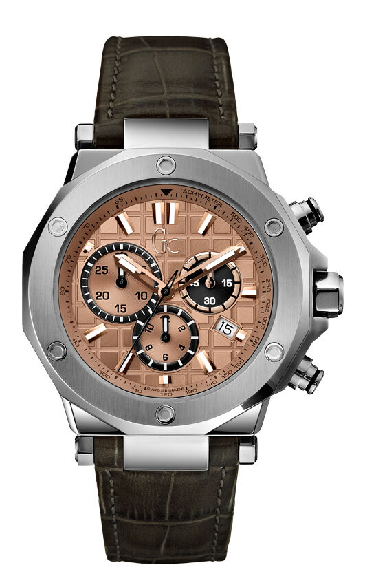 GUESS GC-3 Chrono X72017G3S Herrenuhr - Edelstahlgehäuse, graues Lederarmband