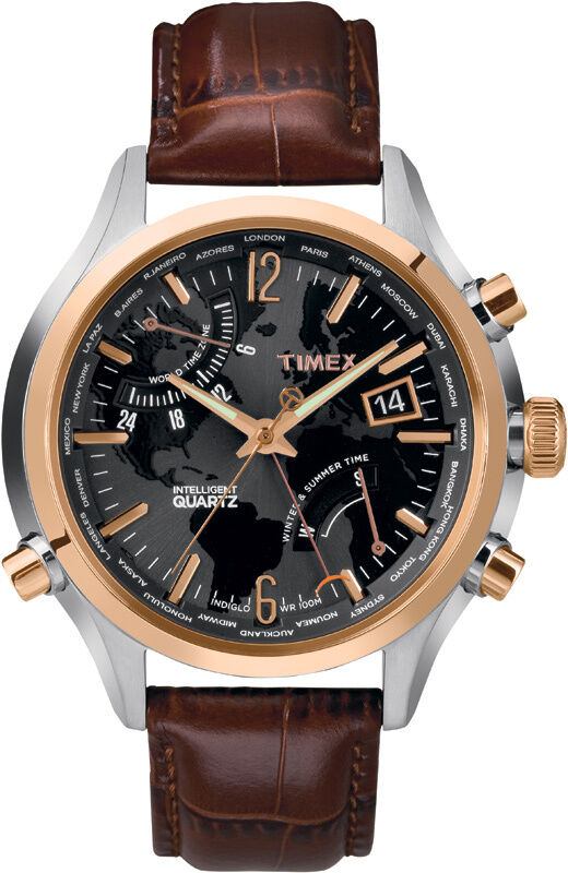 TIMEX Herrenuhr World Time T2N942 IQ-Serie (Lederband braun)