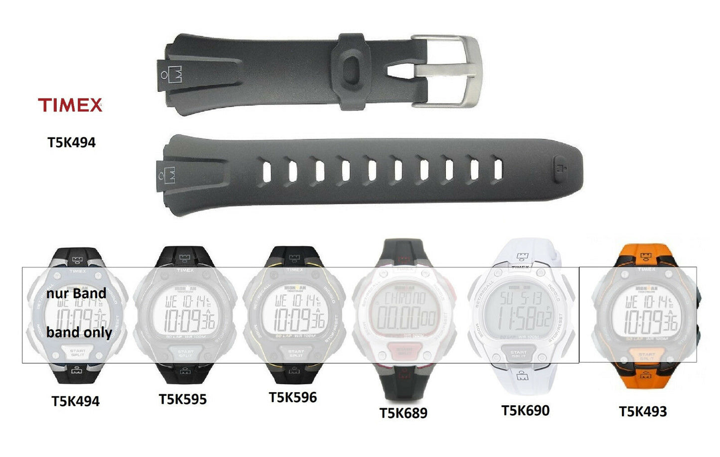 Timex Ersatzarmband T5K494 IronMan 50 lap Ersatzband T5K493 T5K495 T5K689 T5K690