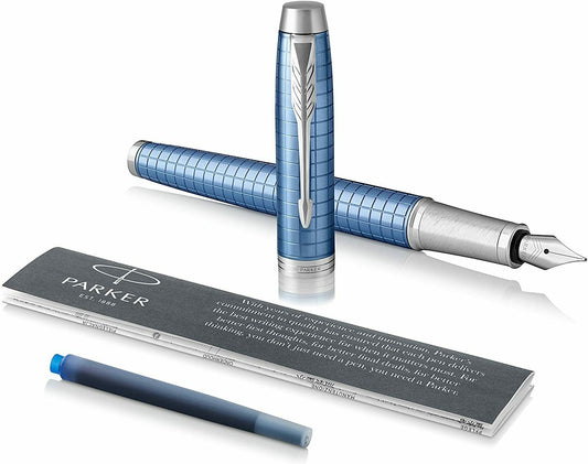 Parker IM Premium Blue Chrome Trim Fountain Pen Füllfederhalter M, 2x Tinte blau