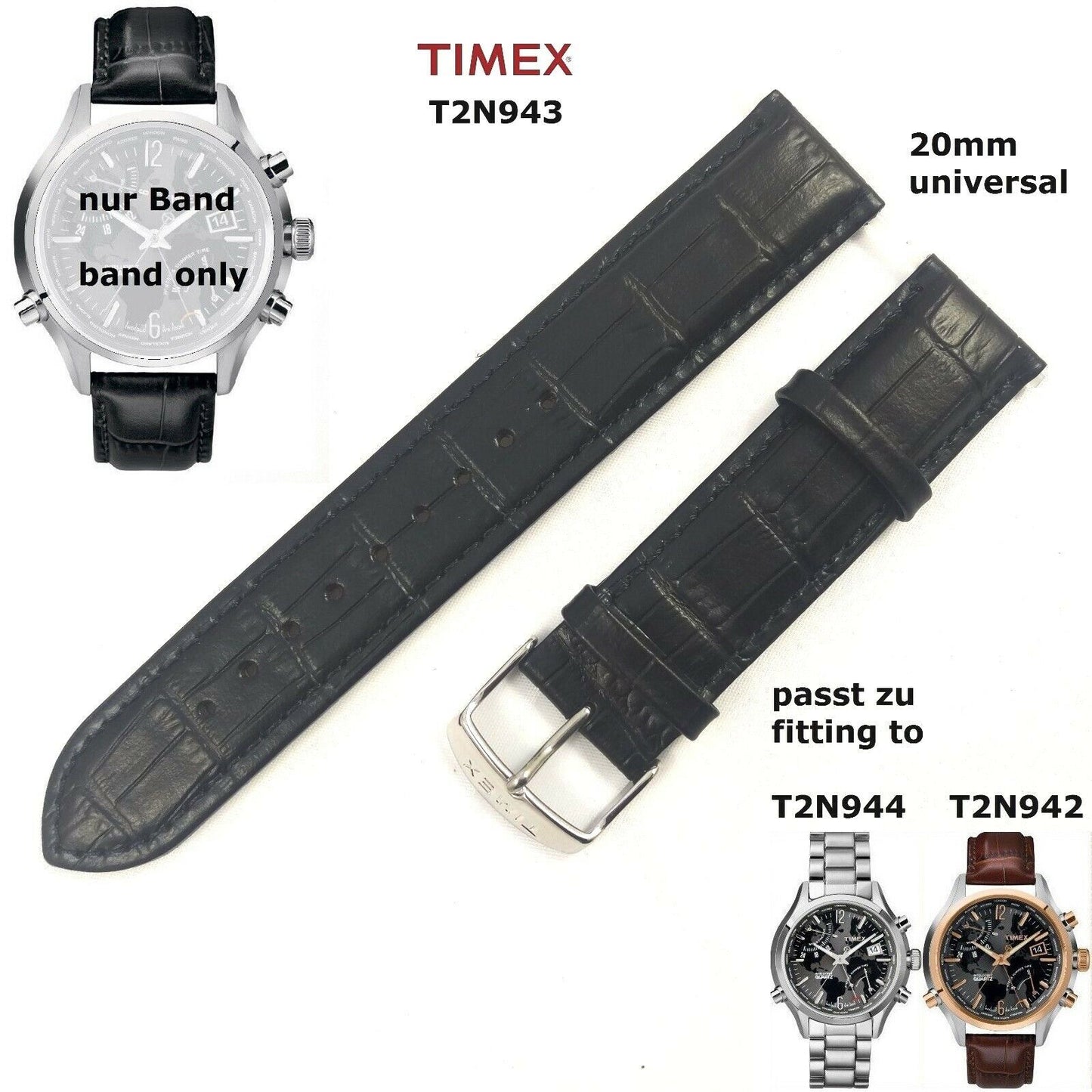 Timex Ersatzarmband T2N943 World Time - 20mm universal - passt zu T2N944 T2N942
